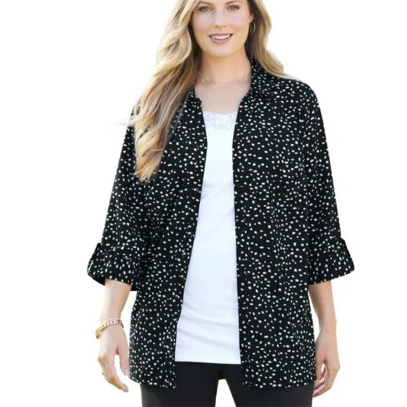 Catherines Tops - Catherines Women's 1X PLUS Black & White Button Collared Career Casual Blouse